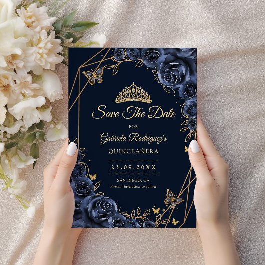 Quinceanera Navy Blue Gold Floral Butterfly Save The Date