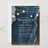 Quinceañera Navy Blue Gold Glitzer String Lights Einladung (Vorderseite)
