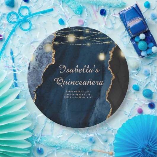 Quinceañera Navy Blue Gold Glitzer String Lights Pappteller (Party)