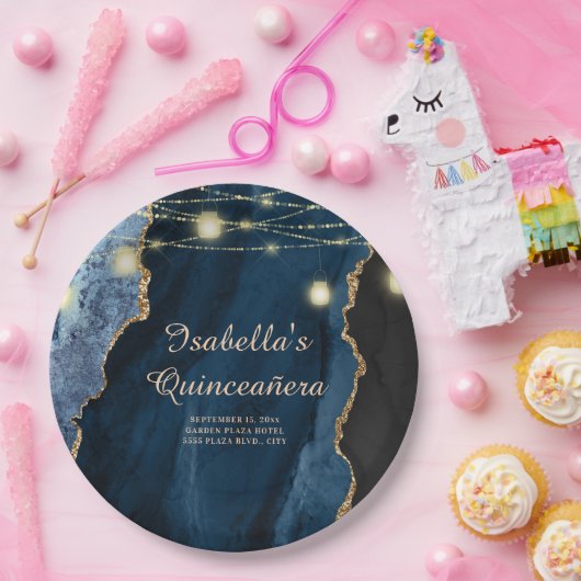 Quinceañera Navy Blue Gold Glitzer String Lights Pappteller (Party)