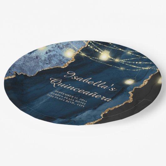 Quinceañera Navy Blue Gold Glitzer String Lights Pappteller (Schrägansicht)