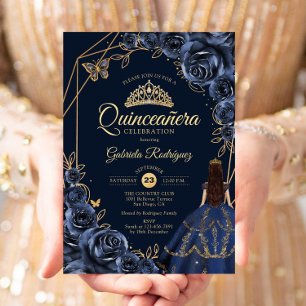 Quinceanera Navy Blue Gold Schmetterlingskleid Flo Einladung