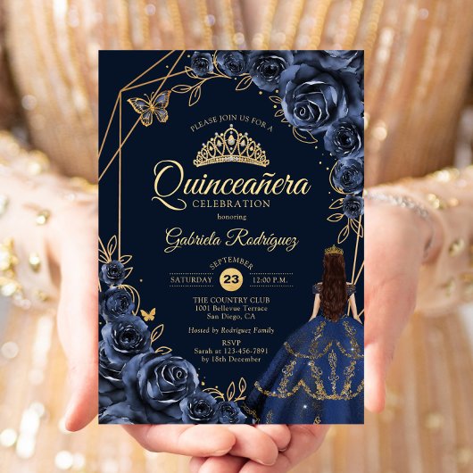 Quinceanera Navy Blue Gold Schmetterlingskleid Flo Einladung