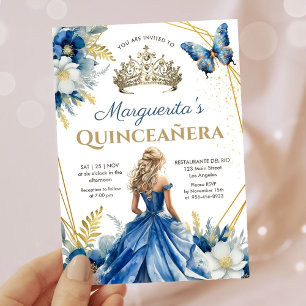 Quinceañera Navy Blue Gold Tiara Floral Butterfly Einladung