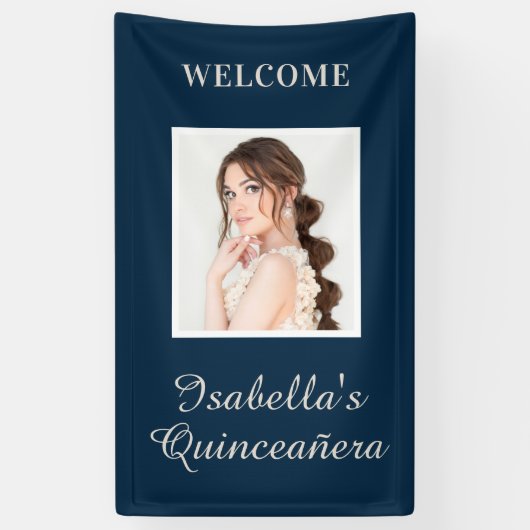 Quinceañera Navy Blue Name Foto Vertikal Banner (Vertikal)