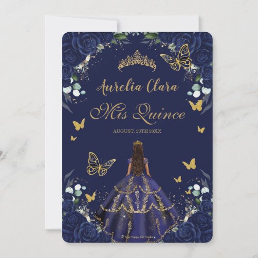 Quinceañera Navy Blue Rose Blumenprinzessin Gold Einladung (Rückseite)