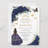 Quinceañera Navy Blue Rose Blumenprinzessin Gold Einladung (Vorderseite)
