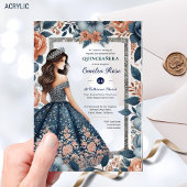 Quinceañera Navy Blue Rose Gold Dress Blume Acryleinladungen
