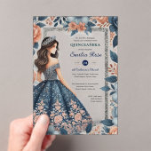 Quinceañera Navy Blue Rose Gold Dress Blume Acryleinladungen (Insitu (Handheld))