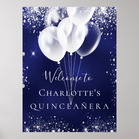 Quinceanera navy blue silver balloons welcome poster (Vorne)