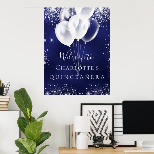 Quinceanera navy blue silver balloons welcome poster (Heimbüro)
