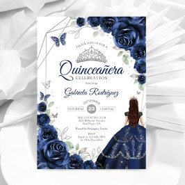 Quinceanera Navy Blue Silver Floral Dress Einladung