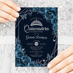 Quinceanera Navy Blue Silver Floral Einladung