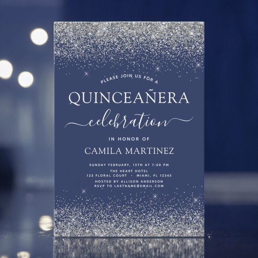 Quinceanera Navy Blue Silver Moderner Glitzer Einladung
