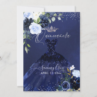 Quinceanera Navy Blue Watercolor Dress Einladung