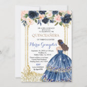 Quinceanera Navy Blumen Gold Einladung (Vorderseite)