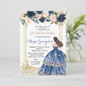 Quinceanera Navy Blumen Gold Einladung (Stehend Vorderseite)