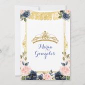 Quinceanera Navy Blumen Gold Einladung (Rückseite)