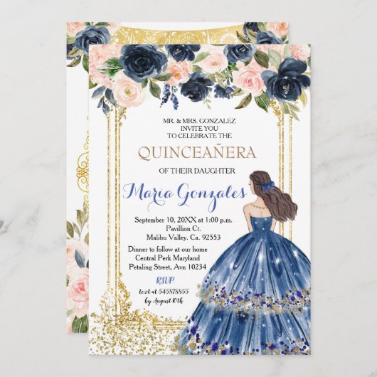 Quinceanera Navy Blumen Gold Einladung (Vorne/Hinten)
