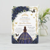 Quinceañera Navy Blumen Gold Prinzessin Einladung (Stehend Vorderseite)