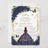 Quinceañera Navy Blumen Gold Prinzessin Einladung (Vorderseite)