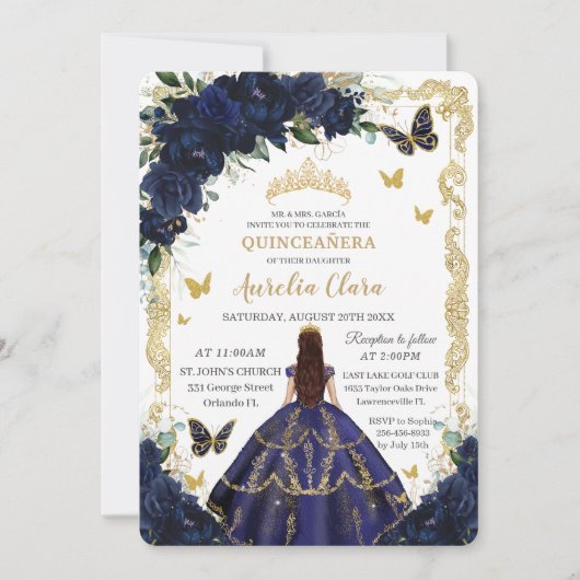 Quinceañera Navy Blumen Gold Prinzessin Einladung (Vorderseite)