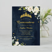 Quinceanera Navy Champagne Floral Gold Folieneinladung (Stehend vorne)