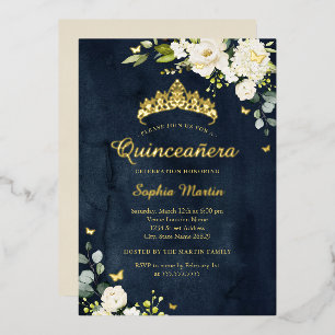 Quinceanera Navy Champagner Floral Gold  Folieneinladung
