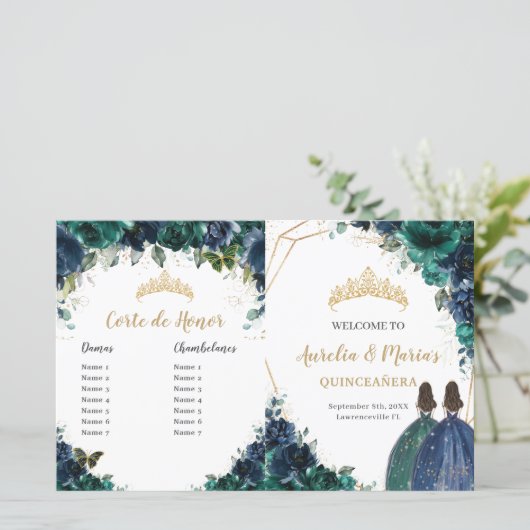 Quinceañera Navy Emerald Floral Budget Program (Stehend Vorderseite)