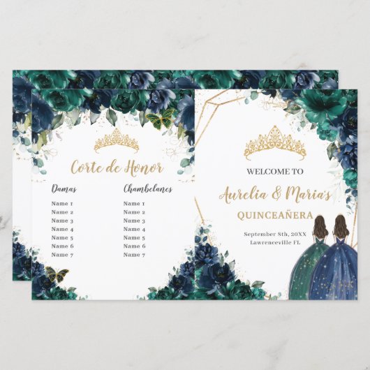 Quinceañera Navy Emerald Floral Budget Program (Vorne/Hinten)
