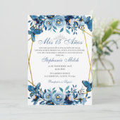 Quinceanera Navy Floral Einladung Schmetterlinge (Stehend Vorderseite)