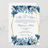 Quinceanera Navy Floral Einladung Schmetterlinge (Vorne/Hinten)