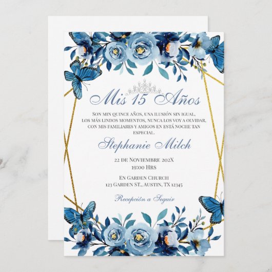 Quinceanera Navy Floral Einladung Schmetterlinge (Vorne/Hinten)