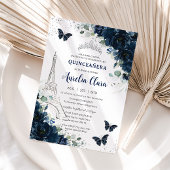 Quinceañera Navy Floral Paris Eiffel Butterfliegen Einladung