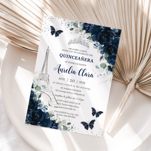 Quinceañera Navy Floral Paris Eiffel Butterfliegen Einladung