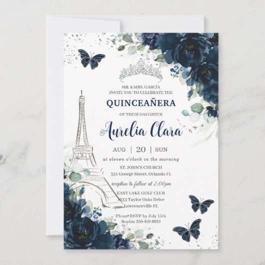 Quinceañera Navy Floral Paris Eiffel Butterfliegen Einladung (Vorderseite)