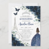 Quinceañera Navy Floral Paris Eiffel Princess Gown Einladung (Vorderseite)