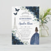 Quinceañera Navy Floral Paris Eiffel Princess Gown Einladung (Stehend Vorderseite)