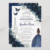 Quinceañera Navy Floral Paris Eiffel Princess Gown Einladung (Vorne/Hinten)