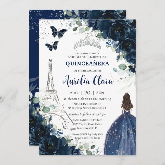 Quinceañera Navy Floral Paris Eiffel Princess Gown Einladung (Vorne/Hinten)