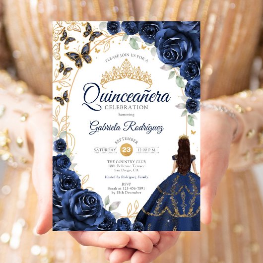 Quinceanera Navy Gold Blumen Einladung