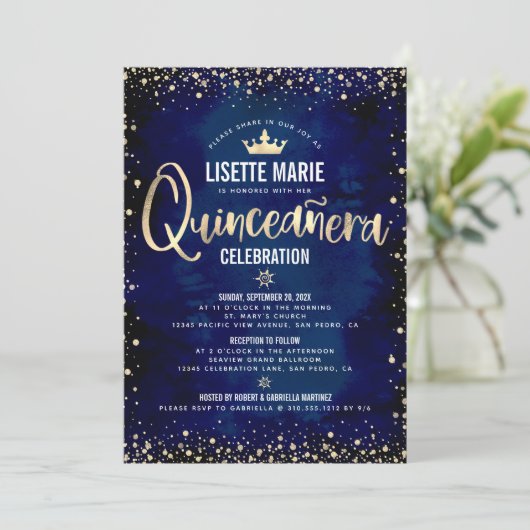 Quinceañera Navy Gold Foil Glitzer Princess Crown Einladung (Stehend Vorderseite)
