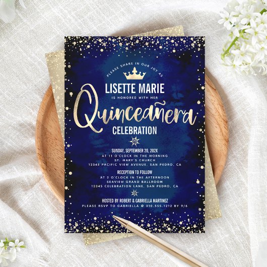 Quinceañera Navy Gold Foil Glitzer Princess Crown Einladung