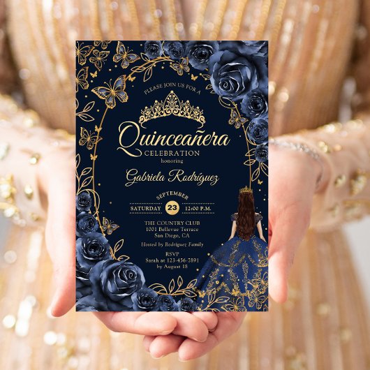 Quinceanera Navy Gold Schmetterlinge Rose Einladung