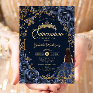 Quinceanera Navy Gold Schmetterlinge Rosen Einladung