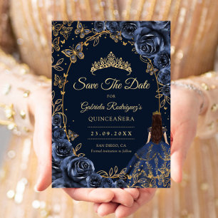 Quinceanera Navy Gold Schmetterlinge Rosen Save The Date