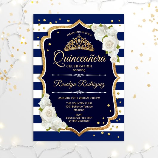 Quinceanera - Navy Gold White Einladung