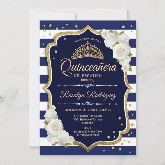 Quinceanera - Navy Gold White Einladung (Vorderseite)
