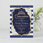 Quinceanera - Navy Gold White Einladung (Stehend Vorderseite)