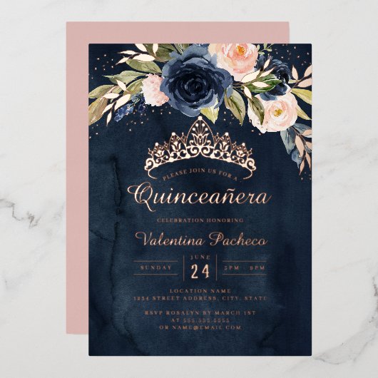 Quinceanera Navy Pink Rose Gold Floral Folieneinladung (Vorderseite/Rückseite)